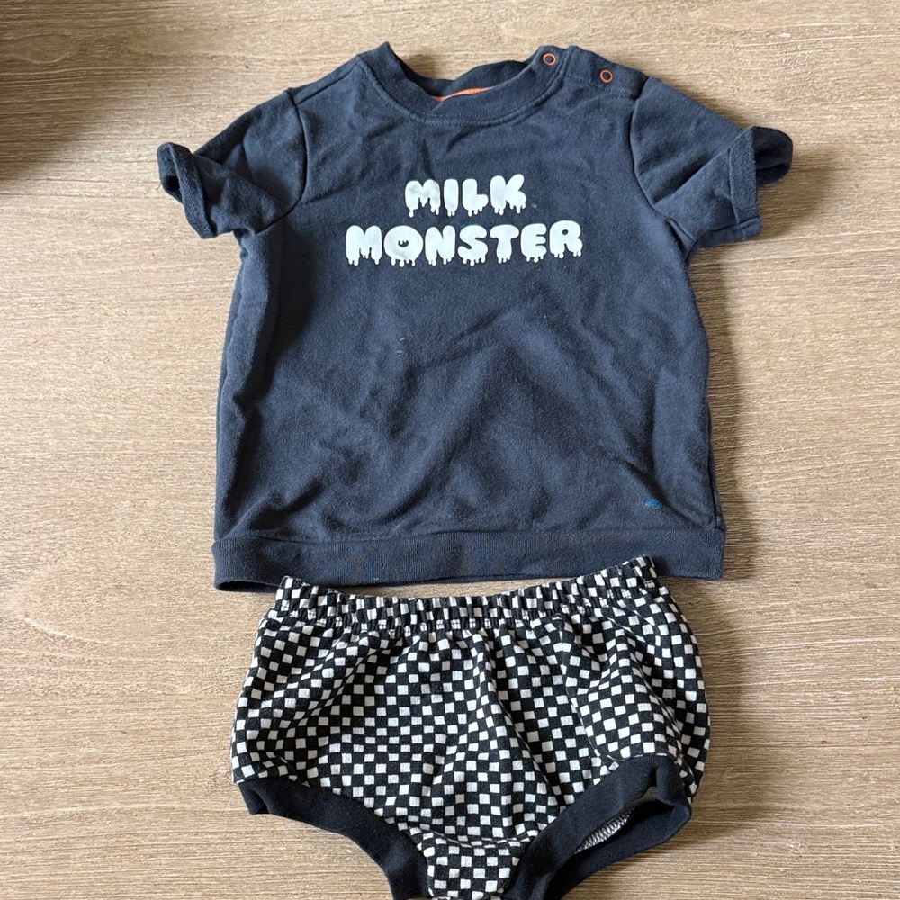 Cat & Jack Milk Monster Tee and Checkered Diaper Cover - Black and White